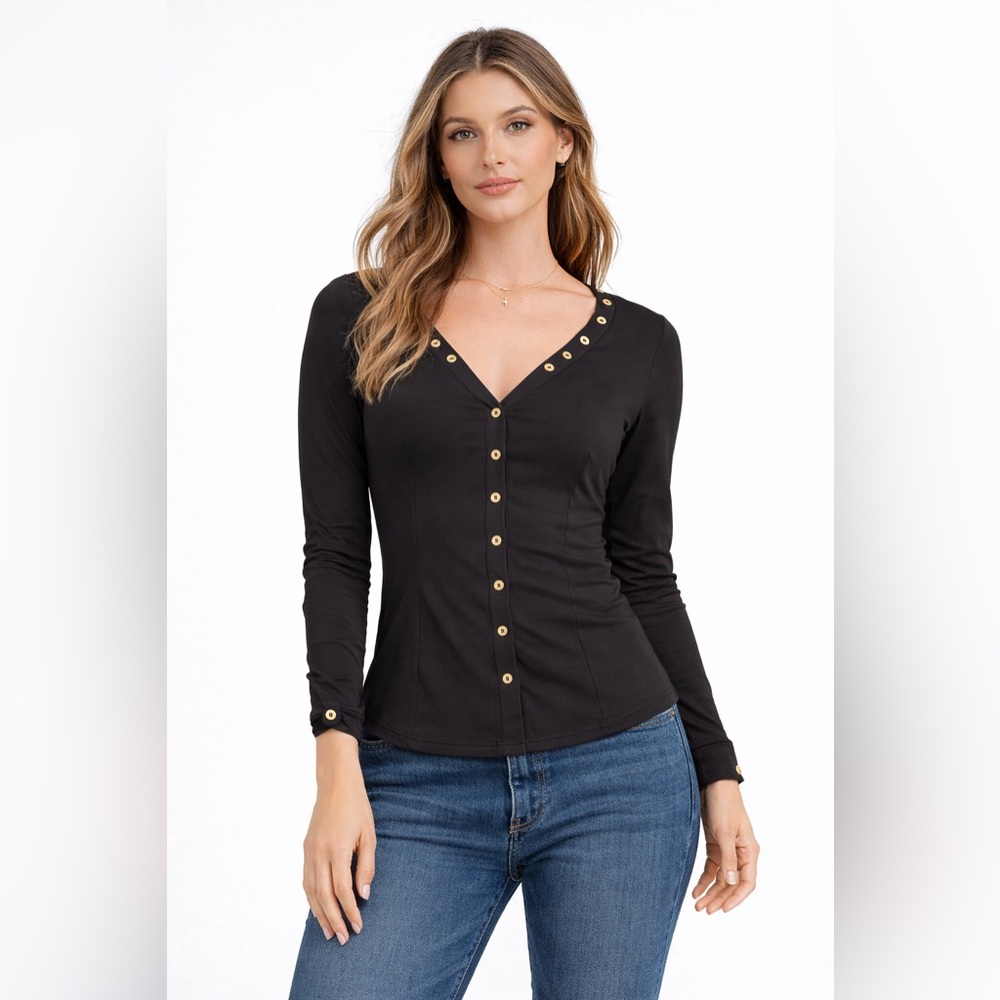 GUESS Women’s Black Fitted Long Sleeve Top XS Button Front Stretch grommets Y2K